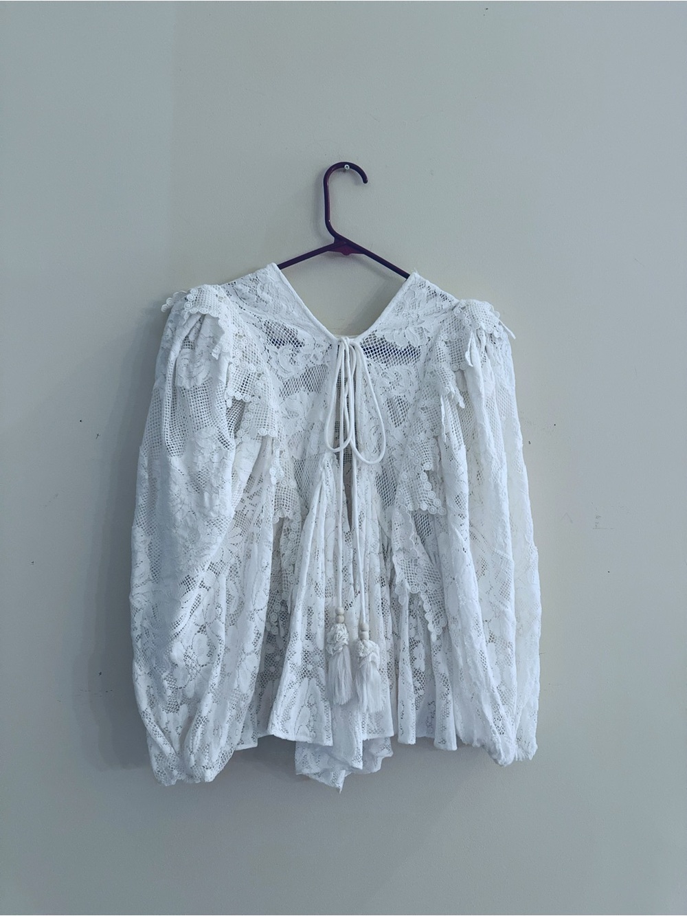 Brand new Anthropologie White Lace Peasant Top with Tassel Tie Size L